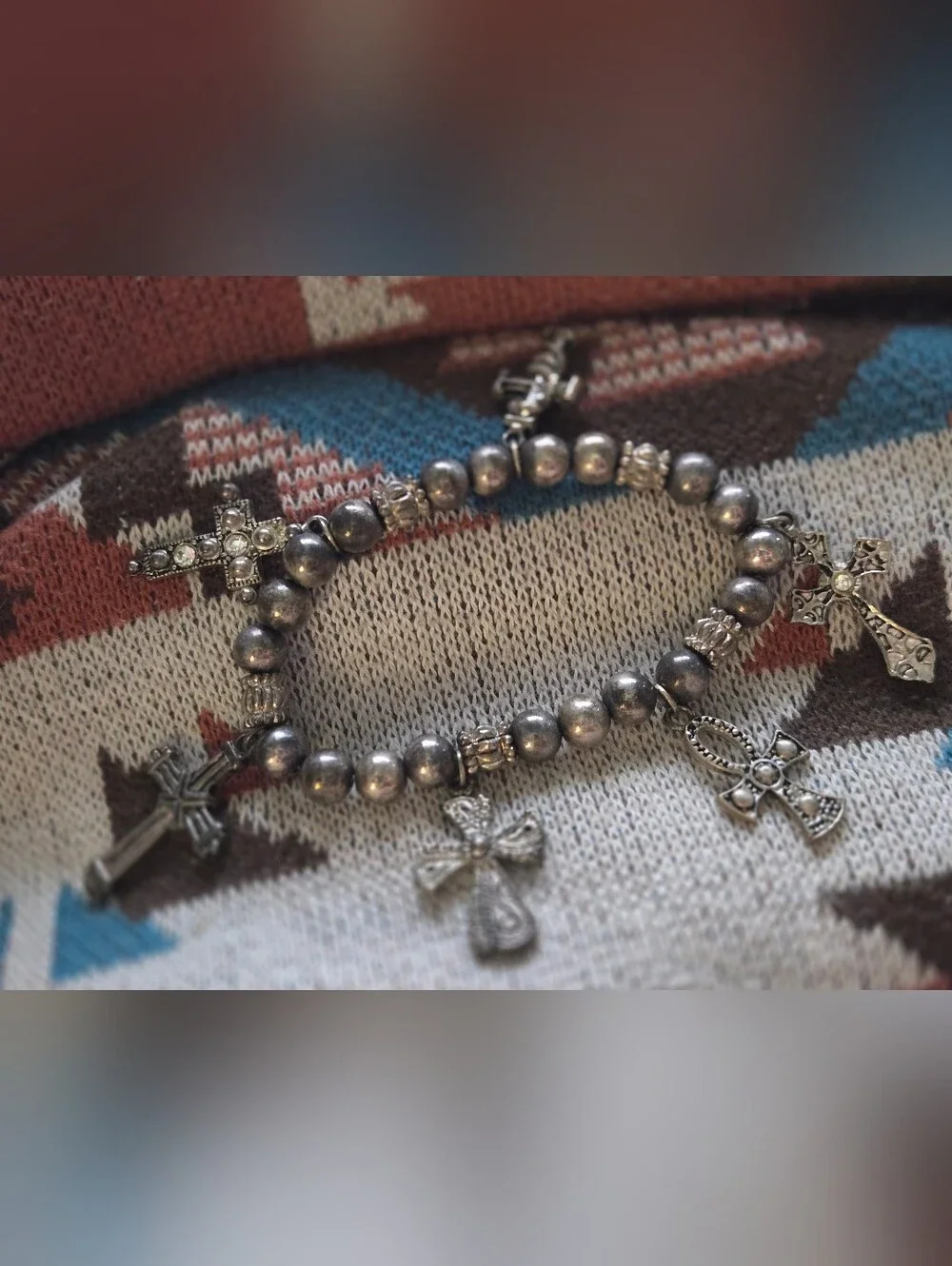 Sterling-Tone Cross Charm Stretch Beaded Bracelet - Silver